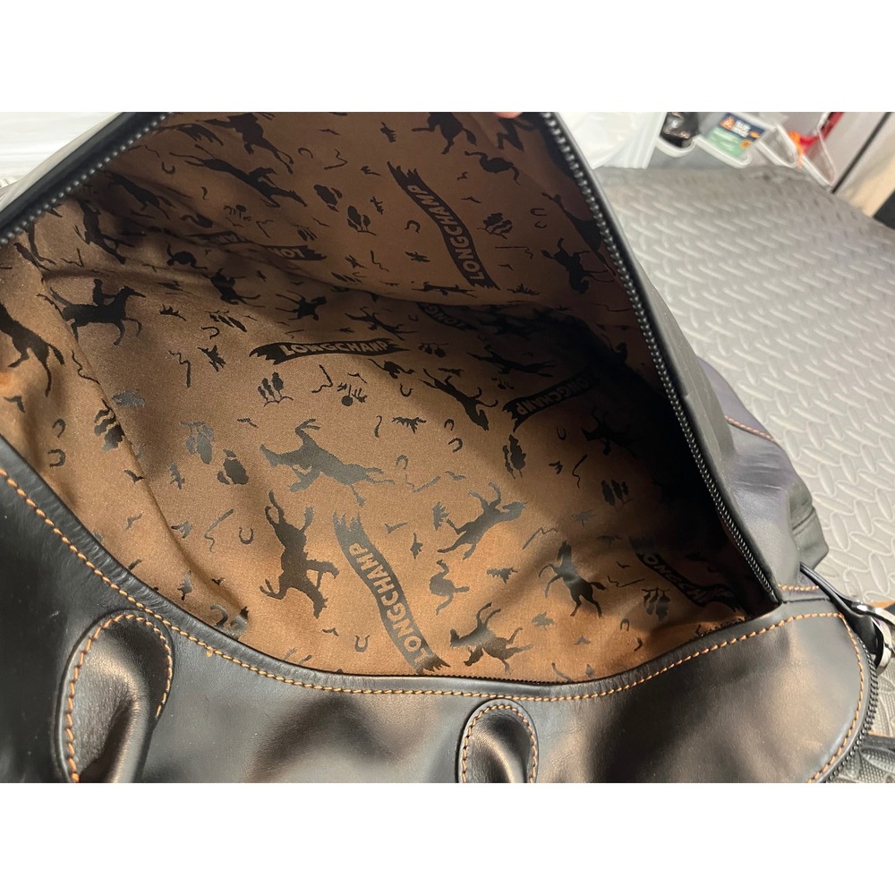 Longchamp Duffel Bag Black Leather Travel Weekender Carry On Purse Tote - Picture 4 of 11